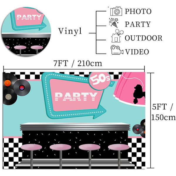 50-luvun Soda Shop -taustakangas vinyyli 7X5FT Takaisin 50-luvulle Rock'n'Roll -juhlat Koristeet 1950-luvun Teemainen Taustakangas Kuvaus Taustakangas
