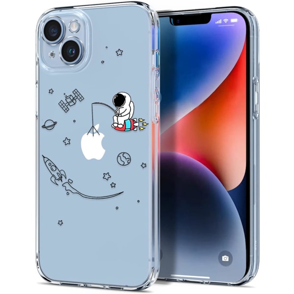 Kompatibel med iPhone 14 Etui Klar Sød med Astronaut Ydre Rum Æstetisk Planet Stjerne Kreativt Mønster, iPhone 14-Fiske