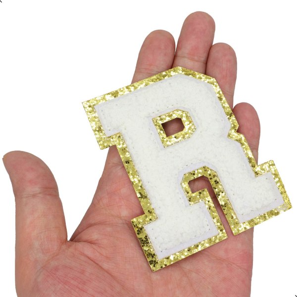 Engelska bokstaven R Stryk på reparationslappar Alfabetsömnad Applikationer Klädmärken, med guldglitterkant, självhäftande bakdekal（Vit R）RVit