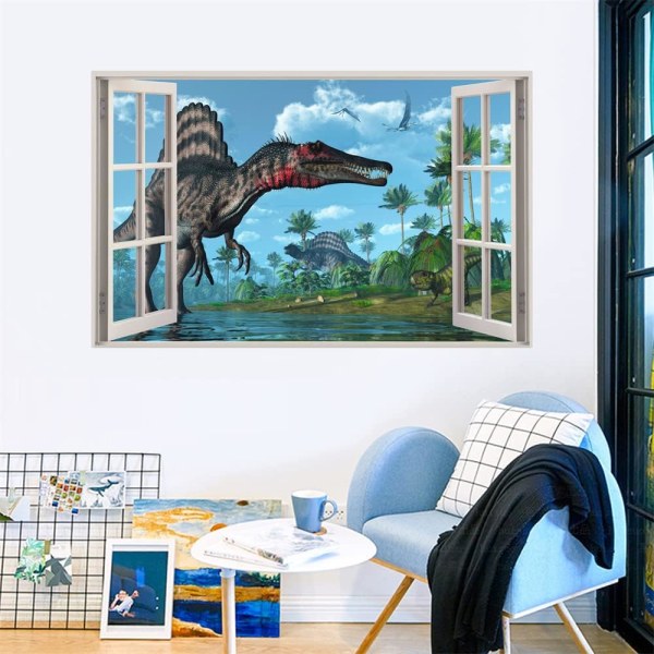 3D akvarell dinosaurverden falske vinduer veggklistremerke, skrell og stikk Spinosaurus klistremerker for barn（27,5\"x17,3\"） - -