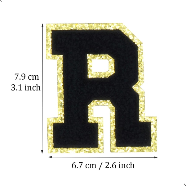 Engelska bokstaven R Stryk på reparationslappar Alfabetsömnad Applikationer Klädmärken, med guldglitterkant, självhäftande bakdekal（Svart R）RBsvart