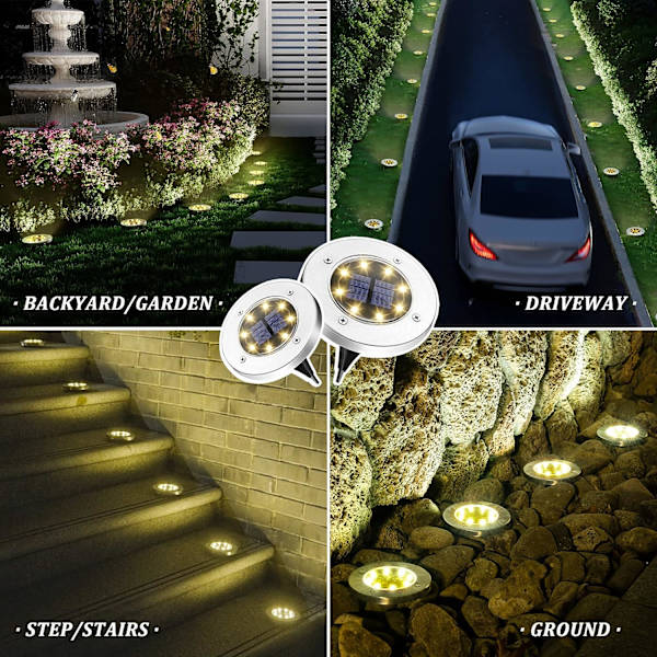 Solcelled Jordlys, 8 LED Solcelledrevne Disklys Udendørs Vandtæt Landskabspleje Belysning  (8, Varm Hvid)
