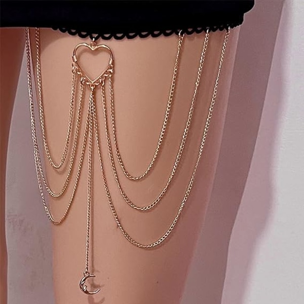 Lårkæde til kvinder Lagdelt hjerte måne benkæde Dainty Boho Body Chain Smykker til sommerferie Lagdelt lår benkæde gave