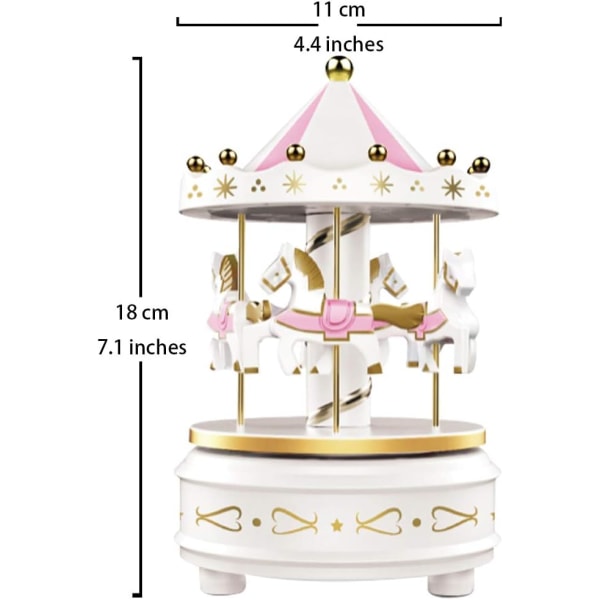 Karrusel Musikæske - Kagepynt. Lys og nem drejning, hvid - 4 hestes klassisk dekor, melodi Beethovens Fur Elise.