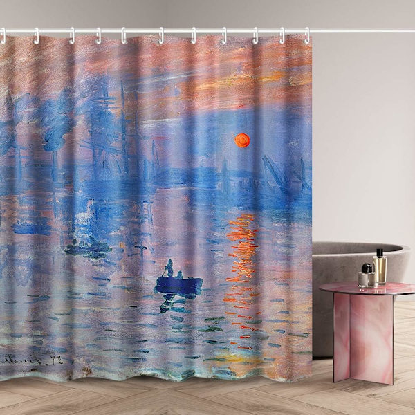 Badeforhængssæt med kroge, Impression Sunrise af Claude Monet, Hjemmekunstmalerier Billeder til badeværelse