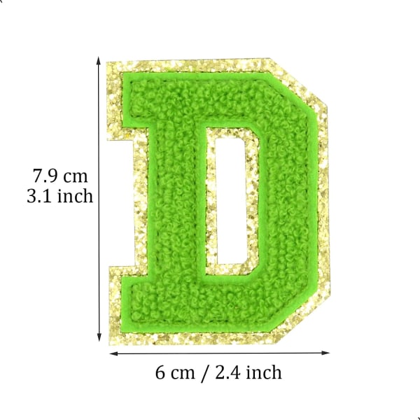 Engelsk bokstav D strykejern på reparasjonslapper alfabet sy applikasjoner klær merker, med gull glitterkant, selvklebende bakside klistremerke（Grønn D）DGrønn