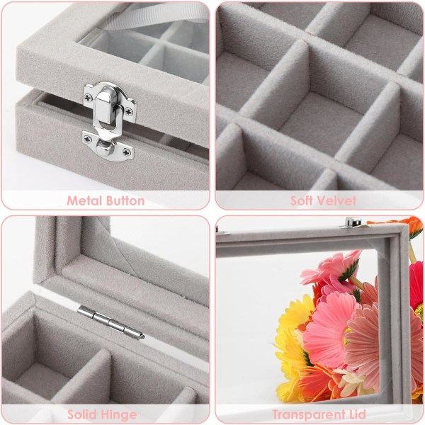 Ørepynt smykkeskrin 24 rutenett fløyel smykkeskuff for skuffer glass klart lokk utstillingsdisplay oppbevaringsringbrett ørepynt holder arrangørveske (grå)
