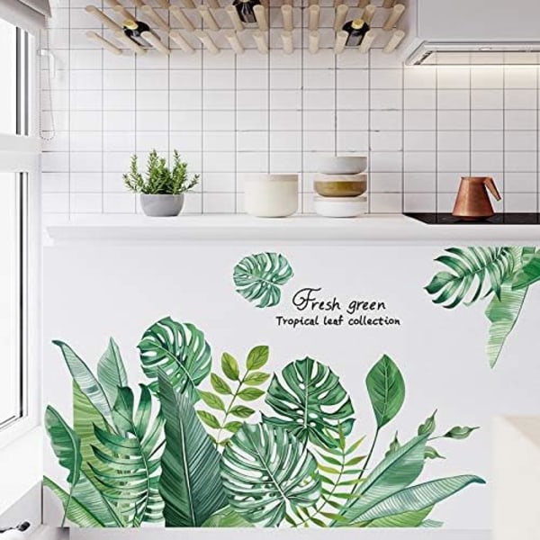 Gröna tropiska löv väggdekal, naturpalmblad växt väggdekal konst väggmålning, vattentät DIY väggdekor