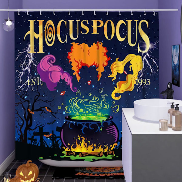 Halloween bruseforhængssæt vandtæt stof-72\" x 72\", Hocus Pocus-indretning til badeværelse Halloween badeværelse indendørs dekorationer