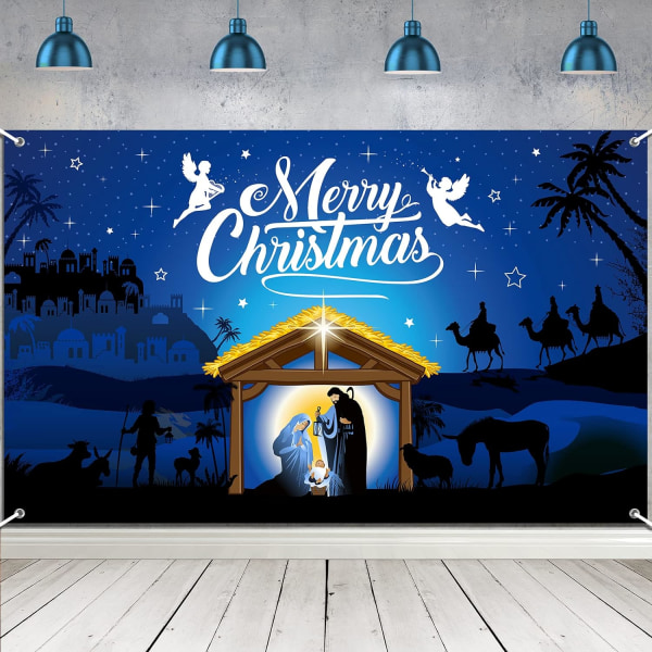 Julekrybbe bakgrunnsdekorasjon, Merry Christmas utendørs religiøs julekrybbe scene banner, hellig natt fotoboks, 43 x 73 tommer