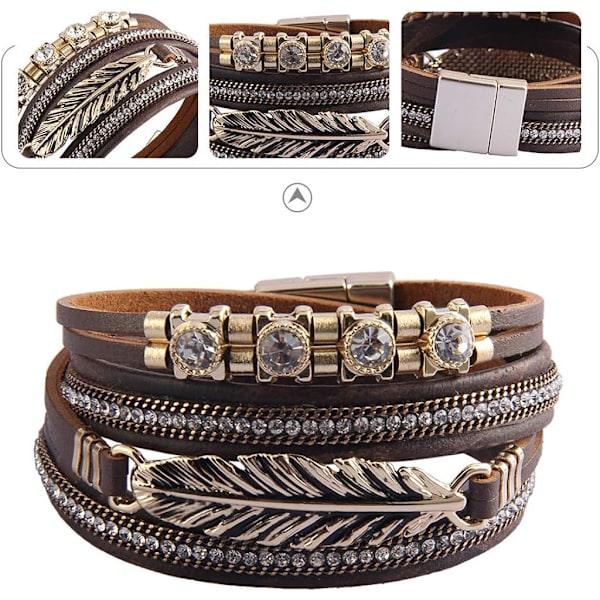 Heyone Dam Läder Manschett Armband Fjäder Multi Strand Armband Wrap Armband Turkos Boho Armband Flätad Läder