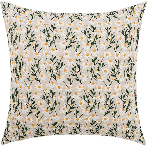Boho Blomsterbroderi Dekorativ Pudebetræk Daisy Broderet Linnedpudebetræk til Sofa Seng (Daisy,18\"x18\")