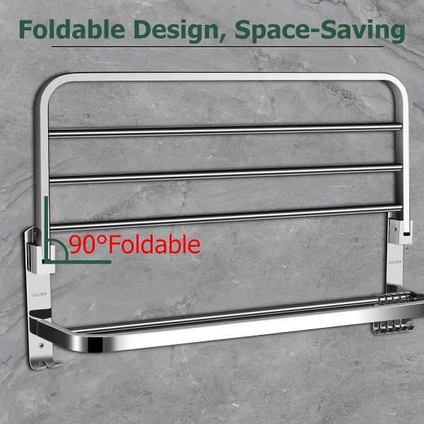 60cm Foldbar Dobbelt Lag Håndklædeholder Rustfrit Stål Væghængt Håndklædeholder Multifunktion Håndklædehylde med 5 Kroge  60 x 24 x 18 cm