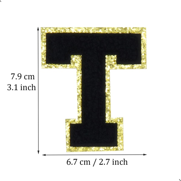 Engelska bokstaven T Stryk på reparationslappar Alfabetsömnad Applikationer Klädmärken, med guldglitterkant, självhäftande bakdekal（svart T）TBsvart