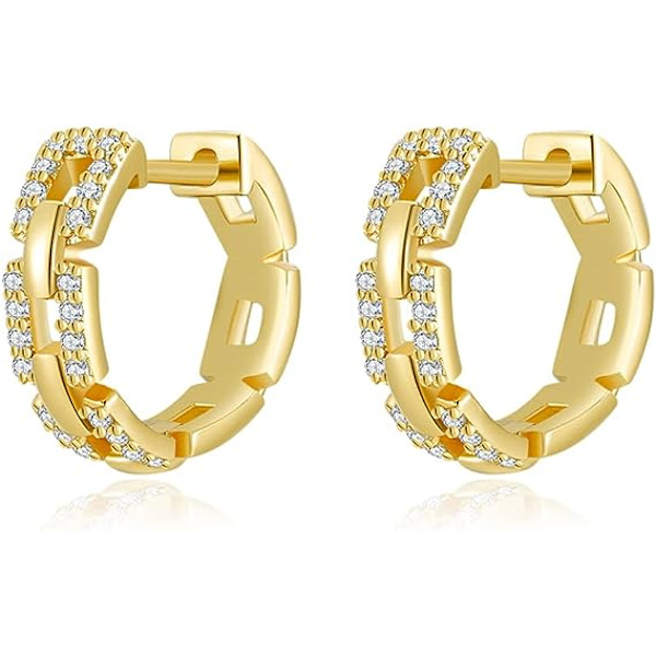 14K forgyldt Triple Huggie Illusion Stud Øreringe | Dobbelt Huggie Hoop Øreringe til ét hul | Guld Hoop Øreringe til kvinder