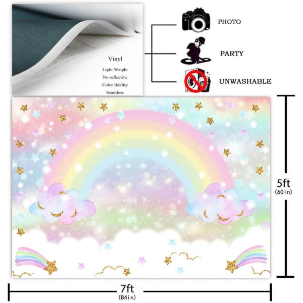 Sateenkaaren tausta tyttöjen syntymäpäiväjuhliin 7x5ft Glitter Star Rainbow Sky Cloud Valokuvaustausta Pastelli Sateenkaari Vastasyntynyt