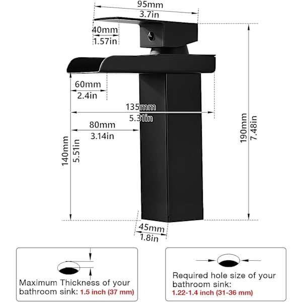 Moderne svart fossefall baderomskran, fossefall servantbatteri, servantbatteri med tut høyde 140mm, G 3/8