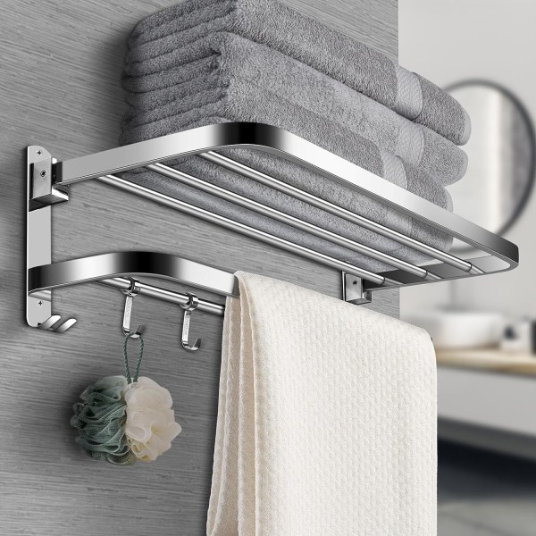60cm Foldbar Dobbelt Lag Håndklædeholder Rustfrit Stål Væghængt Håndklædeholder Multifunktion Håndklædehylde med 5 Kroge  60 x 24 x 18 cm