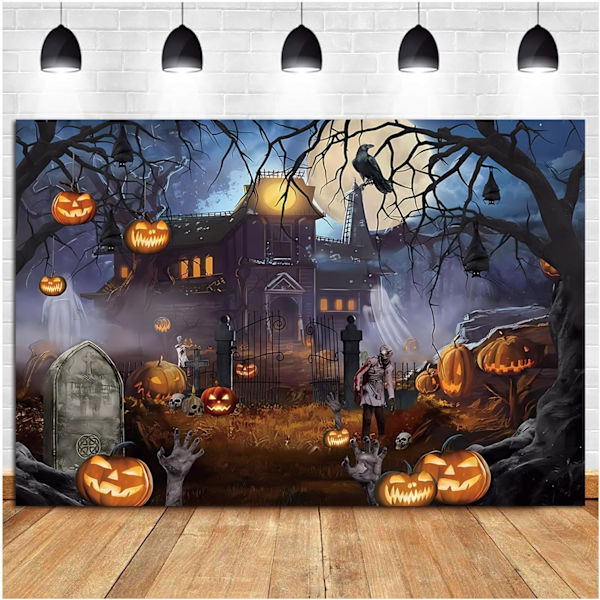 Halloween-teemainen valokuvaustausta 7x5ft Pelottava haamulinna Kuu Yö Pelottava Kurpitsa Lyhty Varis Valokuva Tausta Kauhulle