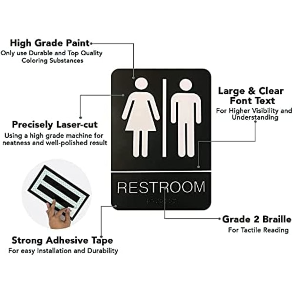 Unisex Braille Toalett-skilt - Leveres med grafiske symboler og dobbeltsidig 3M-teip for å sikre perfekt på mindre enn et minutt - Størrelse 9 x 6 tommer