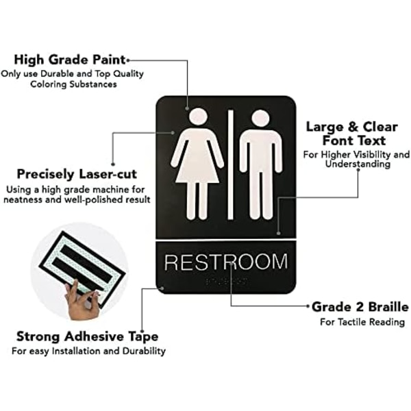 Unisex Braille-toiletskilt - Leveres med grafiske symboler og dobbeltsidet 3M-tape til perfekt fastgørelse på under et minut - Størrelse 9 x 6 tommer