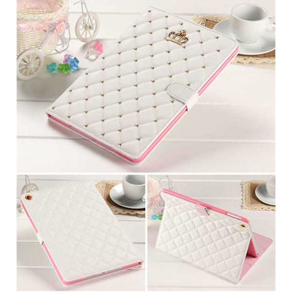 Fodral för iPad 9.7 2018 2017/ iPad Air 2 / iPad Air, Diamant Söt Elegant PU Läder Smart Auto  Apple iPad 5:e/6:e (Vit）