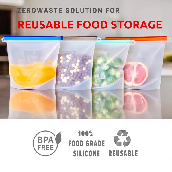 Gjenbrukbare silikonposer for matoppbevaring, lufttett forsegling, laget av silikon, Sous Vide-poser, gjenbrukbare, lekkasjesikre, 4 stykker