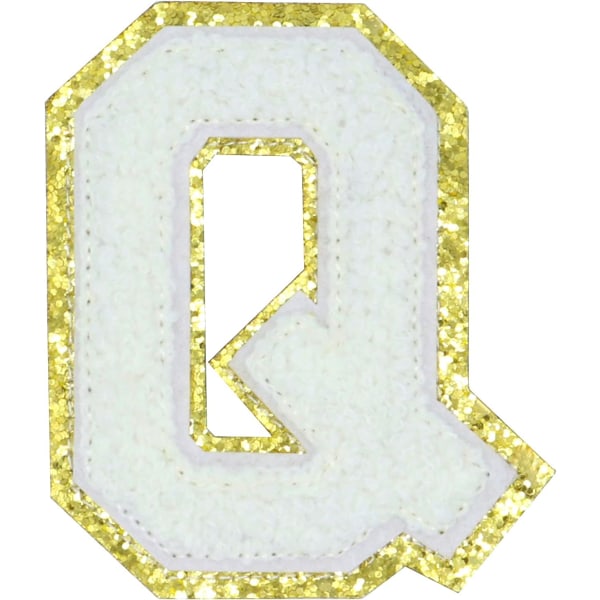 Engelsk bogstav Q Stryg på reparationslapper Alfabetsyning Applikationer Tøjmærker, med guldglitterkant, selvklæbende bagklistermærke（Hvid Q）QWhite