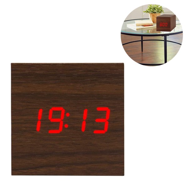 Digital väckarklocka, trä LED-ljus Mini Modern kub skrivbordsväckarklocka visar tid datum temperatur för barn, sovrum, hem, resestil 6