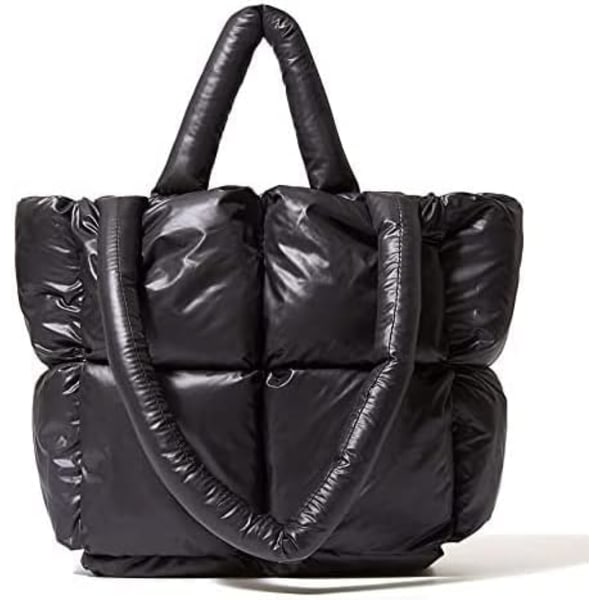 Puffer mulepose, trendy luksus chic quiltet bomuld polstret designer håndtasker til kvinder, vinter blød puffer skuldertaske. SORT