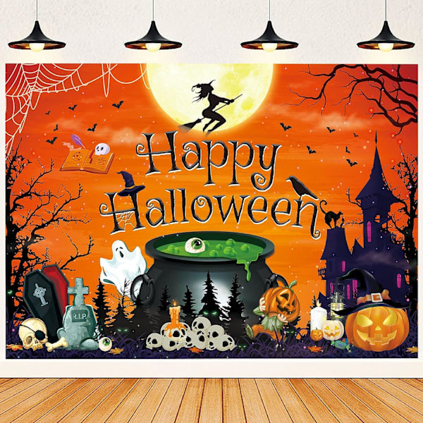 7x5FT Halloween-taustakangas Oranssilla Onnellinen Halloween-tekstillä Valokuvaustaustakangas Kurpitsalyhtytaustakangas Halloween-haamu Noita Linna Dekor