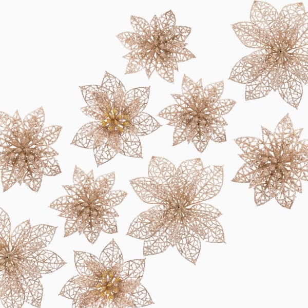 Kunstig juleblomst, 24 stk glitterblomsterpynt til juletre, juledekorativt objekt 3 størrelser 8/10/15CM-Champagnefarge