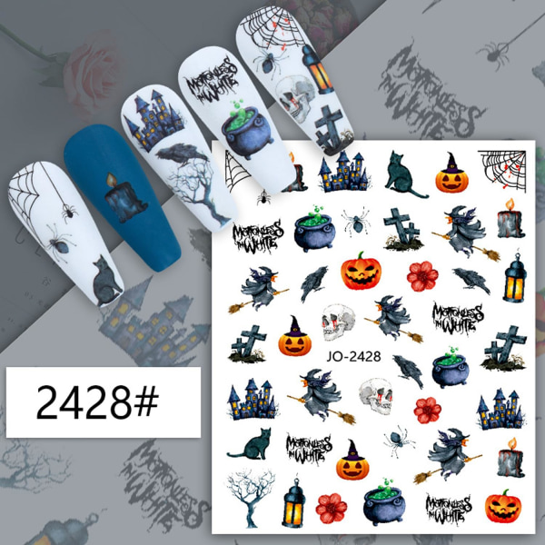 Halloween Neglekunst Mærkater Dekaler, 6 Ark Klæbende Dekaler Halloween Negle Dekorationer med Spooky Designs af Spøgelse Kranier Græskar Edderkopper (Style 02)