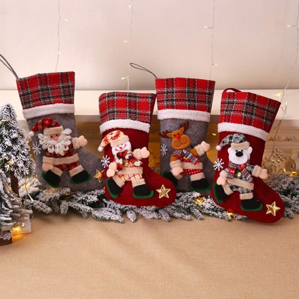 Julestrømper, sæt med 4 julemand, snemand, rensdyr, bjørne julefigurer 3D plys med imiteret pels