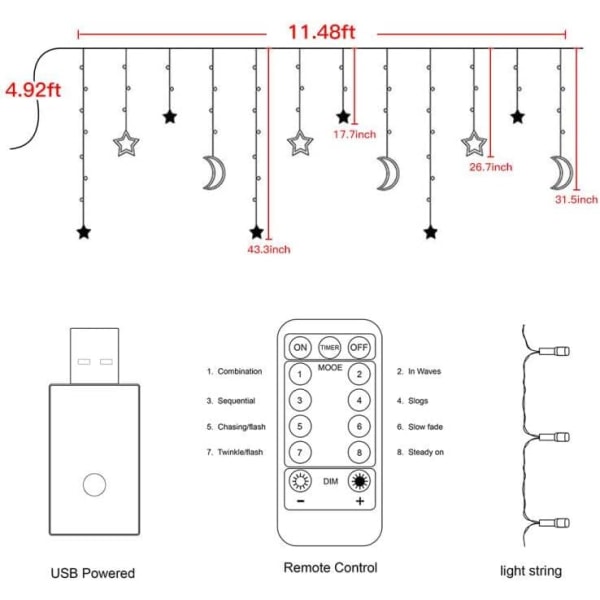 Månestjerne gardinlys, farverige vinduesgardinlys med fjernbetjening, lyskæde til have, terrasse, hjem, juleferiedekoration