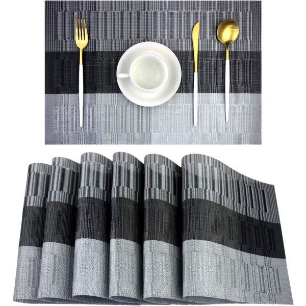 Bordstabletter, Tvättbara vävda vinylunderlägg för matbord, Lätt att rengöra Plastunderlägg Set om 6 (svart)