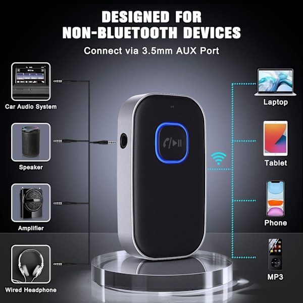 Bluetooth 5.0-mottagare för bil, brusreducerande Bluetooth AUX-adapter, hemmaljudsystem/trådbundna hörlurar/handsfree-samtal Bluetooth-musikmottagare.