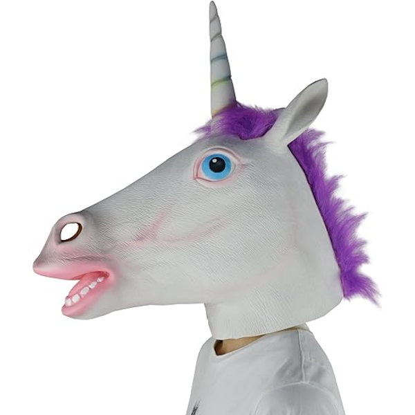 Deluxe Nyhed Halloween Kostume Latex Hvid Enhjørning Dyremaske Lilla Hår Voksenstørrelse