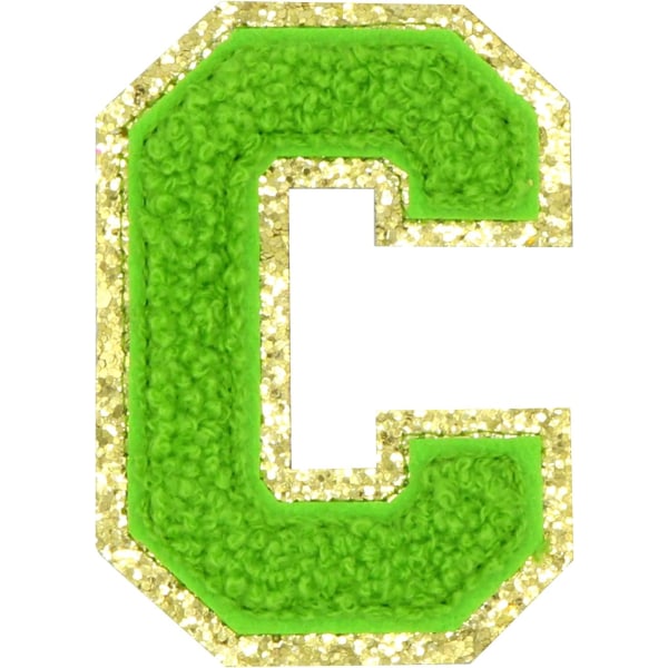 English Letter C Iron On Repair Patches Alphabet Sewing Appliques Clothing Badges, with Gold Glitters Border, Adhesive Back Sticker（Green C）CGreen