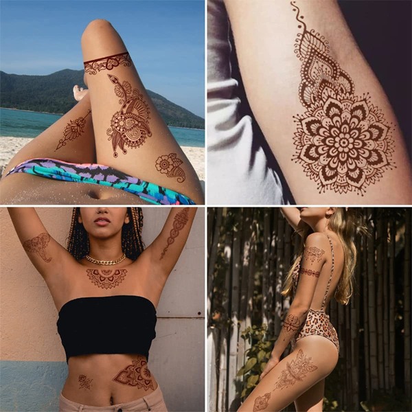 6 ark Henna Tatoveringer Brun Henna Midlertidige Tatovering Stickers Sexet Blonde Vandafvisende Fjernelse Falske Tatoveringer Luksus Mandala Blomster Design Favør