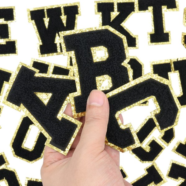 Engelska bokstaven R Stryk på reparationslappar Alfabetsömnad Applikationer Klädmärken, med guldglitterkant, självhäftande bakdekal（Svart R）RBsvart