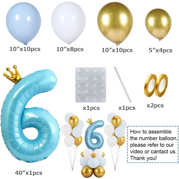 Blå krona nummer 6 ballong, 40 tum stort nummer folieballong med latexballonger, 6-årsdag (blå 6)