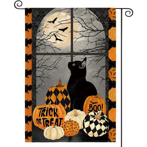 Halloween Pumpa Trick or Treat Boo Trädgårdsflagga 12 x 18 Tum Dubbelsidig, Svart Katt Bat Måne Semester Yard Utomhus Dekorativ Flagga