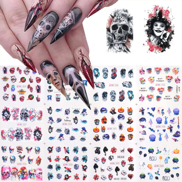 12 stk Halloween Nail Art Stickers Anime Vann Overføringsklistremermer Klovn Hodeskalle Bein Skrekk Blodige Design Goth Nail Decals Halloween Tilbehør