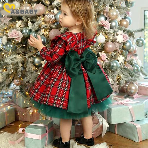 Nya julkläder för barn flickor rutig långärmad klänning jul stor rosett mesh prinsessklänning grön green 90cm (12-18 months)