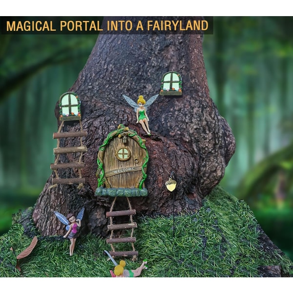 Fairy Dörr och fönster för trädstam med ljus, miniatyr Gnome Hemglöd i mörkret, Fairy Garden Outdoor Accessories Yard Skulptur