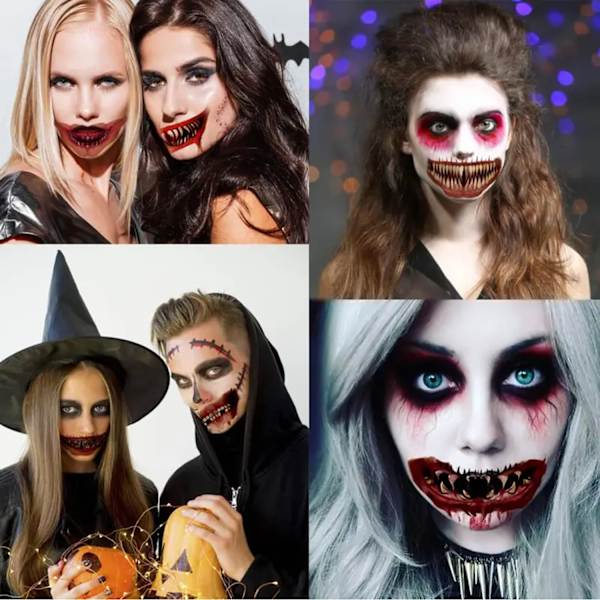 Halloween-aiheiset väliaikaiset tatuointi-tarrat, 10 kpl kasvotarra suu hampaiden tatuointi-tarra Halloween-klovnin suu, irrotettava ja hauska naamiainen (värikäs)