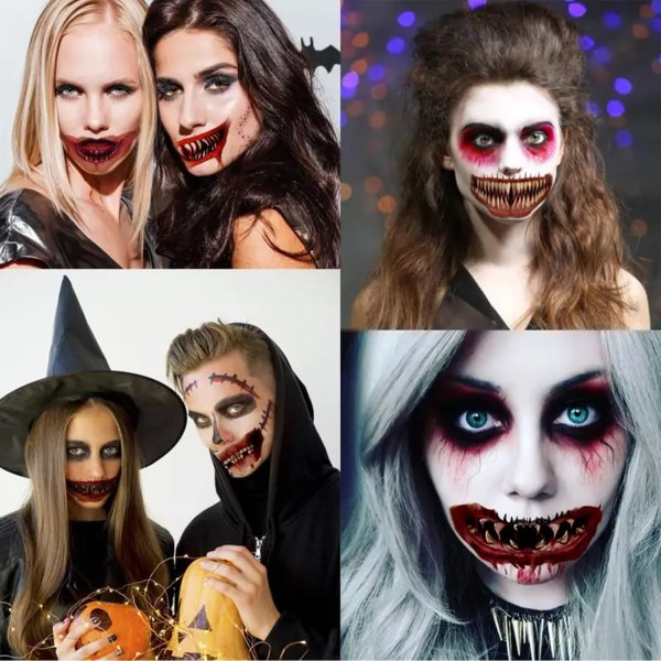 Halloween tillfälliga tatueringsklistermärken, 10 st ansiktsklistermärke Muntänder tatueringsklistermärke Halloween clownmun, avtagbar och rolig maskerad(färgglad)