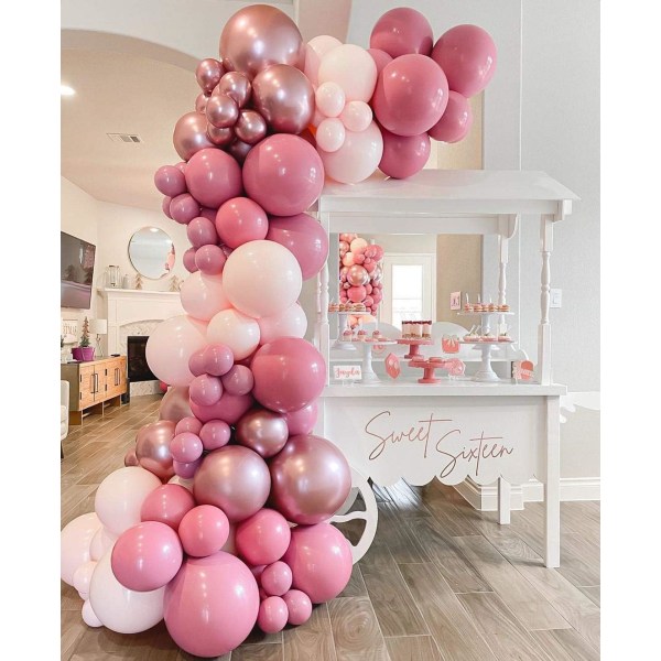 Rose rød ballonbue guirlande kit – 100 stk. Rose rød baby pink metallisk rose guld balloner, dobbelt latex balloner til prinsesse