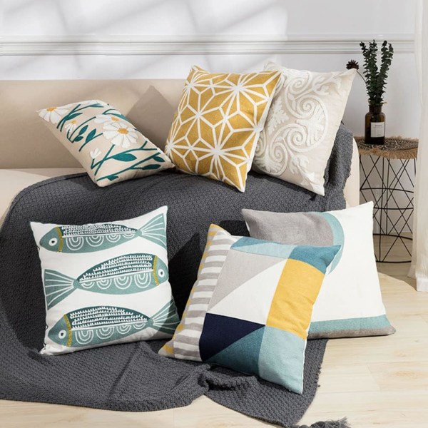 Boho Blommig Tuftad Dekorativ Kuddfodral Botaniskt Broderad Bomullskuddfodral för Soffa Säng (Blomma E, 18\"x18\")